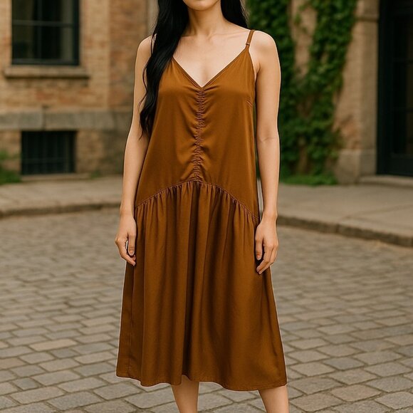 Wishlist Apparel Women's Maxi Brown Satin Look Drop Waist Spaghtti Straps Boho L - Picture 1 of 12